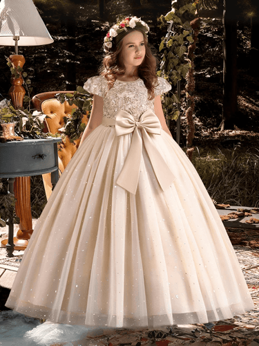 Girls Princess Bridesmaid Dress Kids Long Ball Gowns Children Wedding Birthday Party Bow Lace Dresses Christmas, Drestiny, Dresses, Maxi Dresses, Petticoats, 4T, 5T, 6T, 7T, 8T, 9, 10T, Short Sleeves, Champagne, Red, Green, White, United States, USA, Canada, Australia, New Zealand, United Kingdom, UK, Junior bridesmaid dresses, Flower girl dresses, Girls bridesmaid dresses size 4T-10T, Cheap girls bridesmaid dresses, Unique girls bridesmaid dresses, shopdrestiny.com